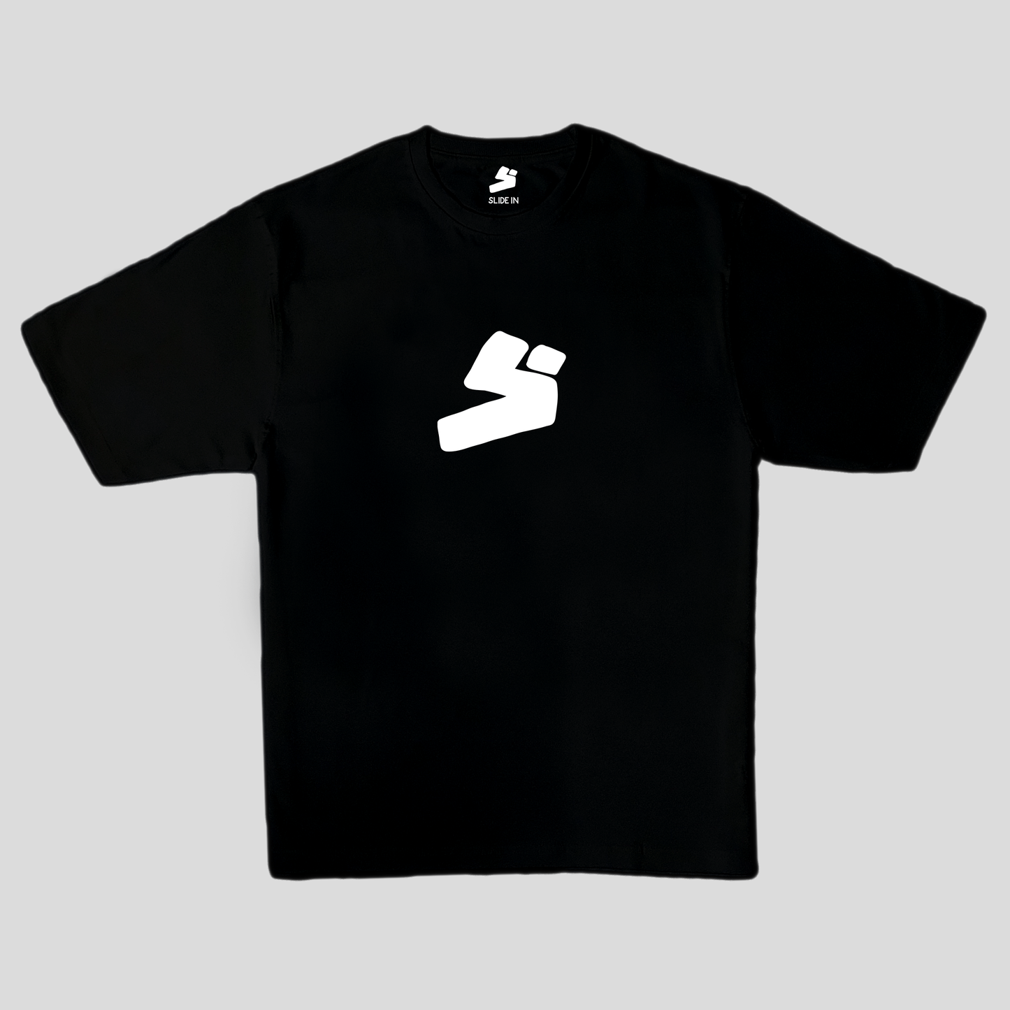 Black oversized t-shirt with white digital print slidein logo