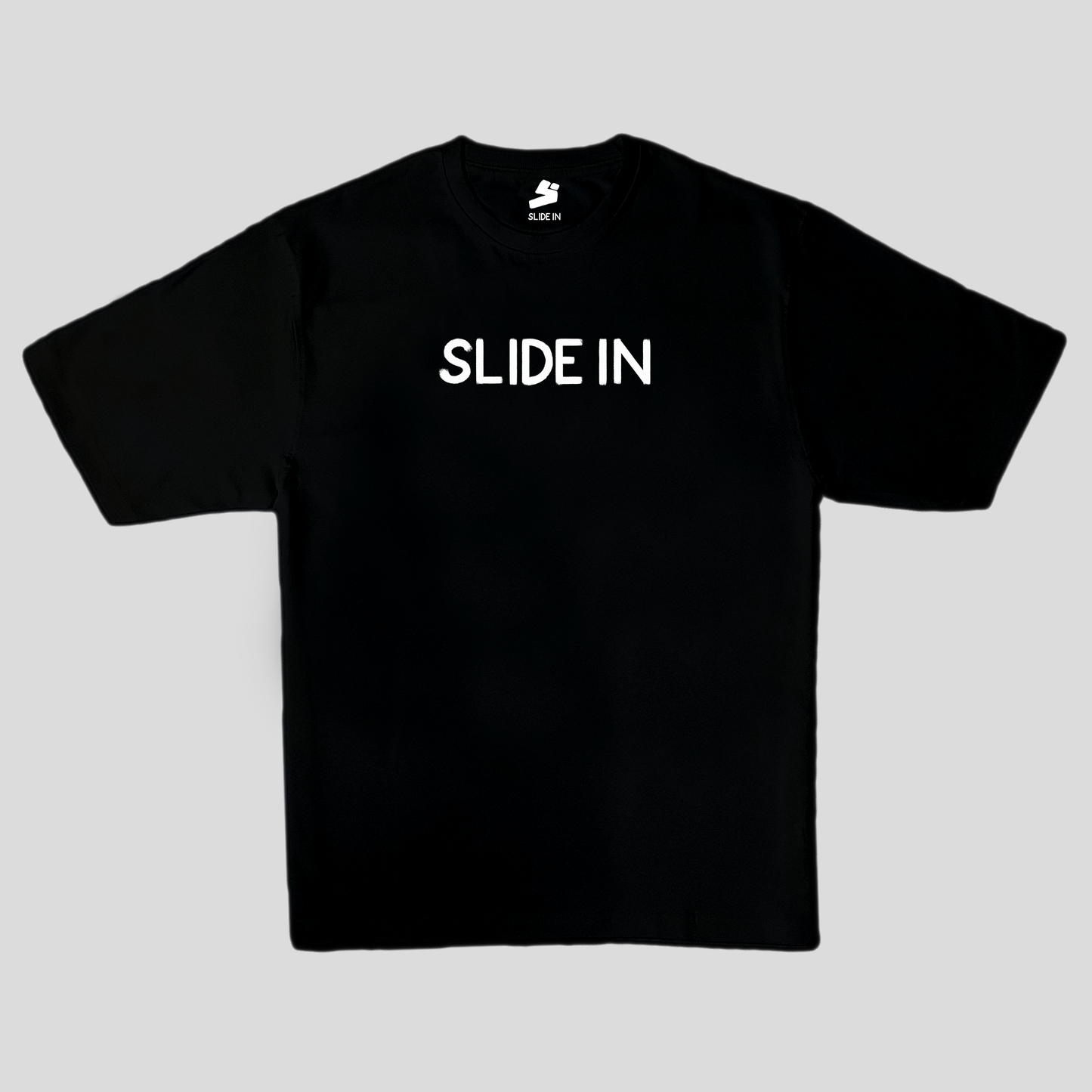 Black oversized t-shirt with graphic Slidein in white - front