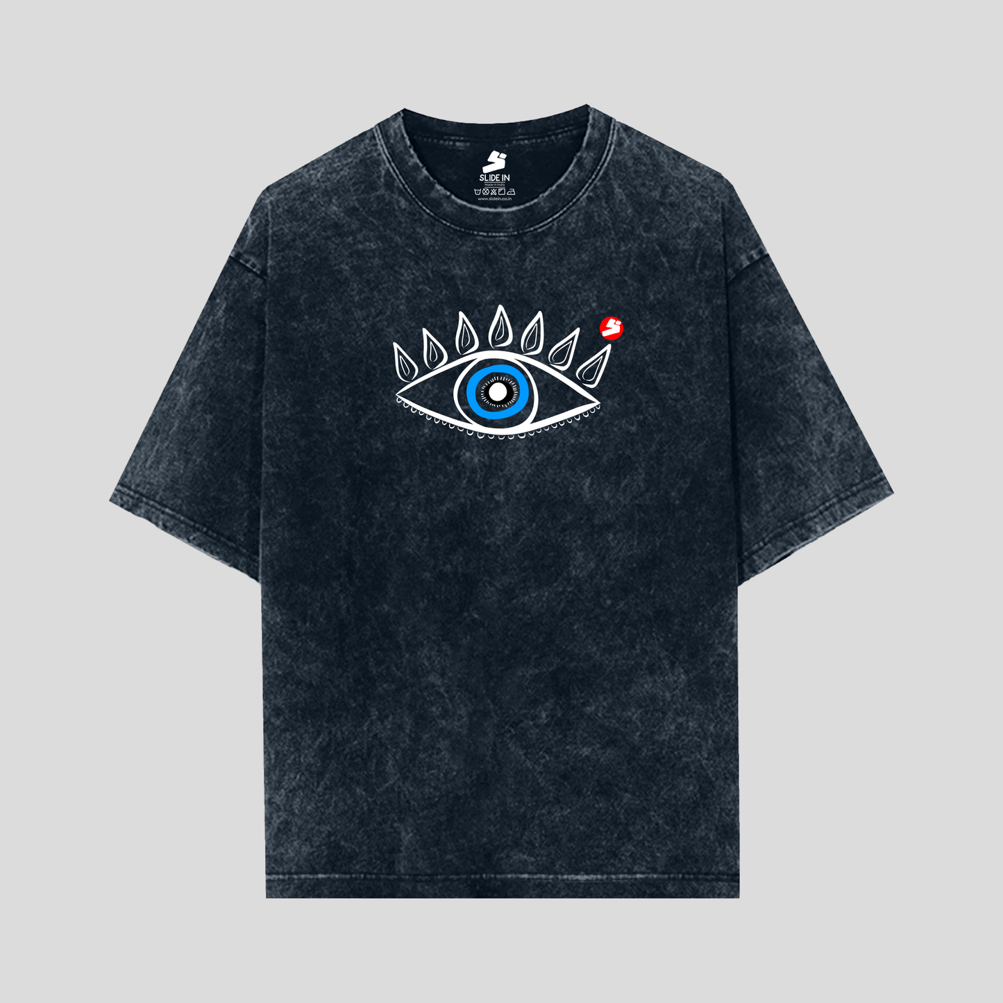 Blue acid wash oversized cotton t-shirt, 240 gsm, with evil eye design in front with circular brand logo in red and white.