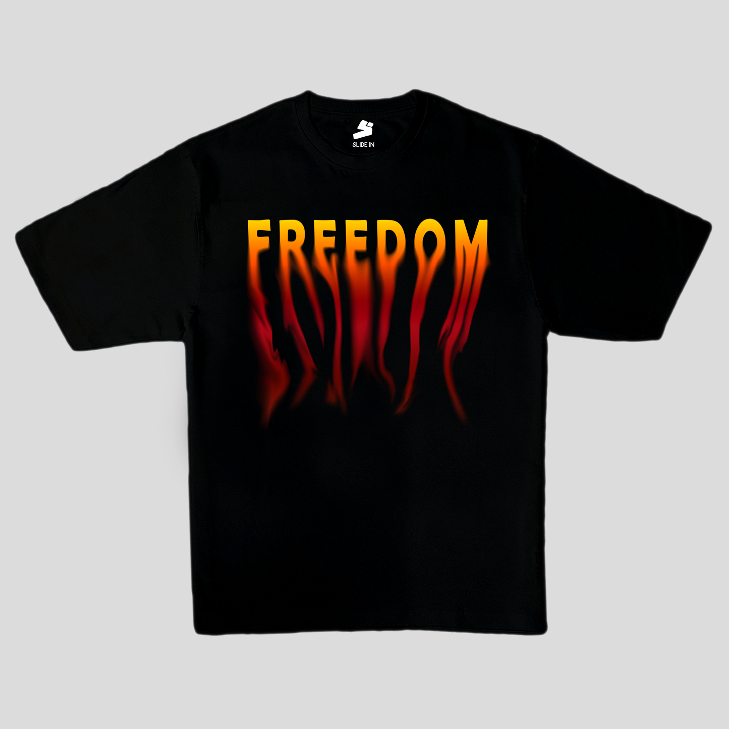 Black oversized t-shirt with graphic design freedom in yellow red fire color