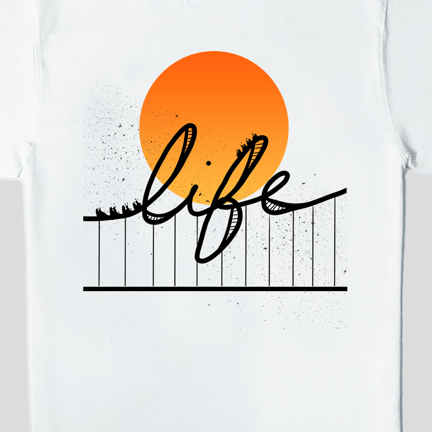 white oversized t-shirt with digital print in black and ombre- rollercoaster life