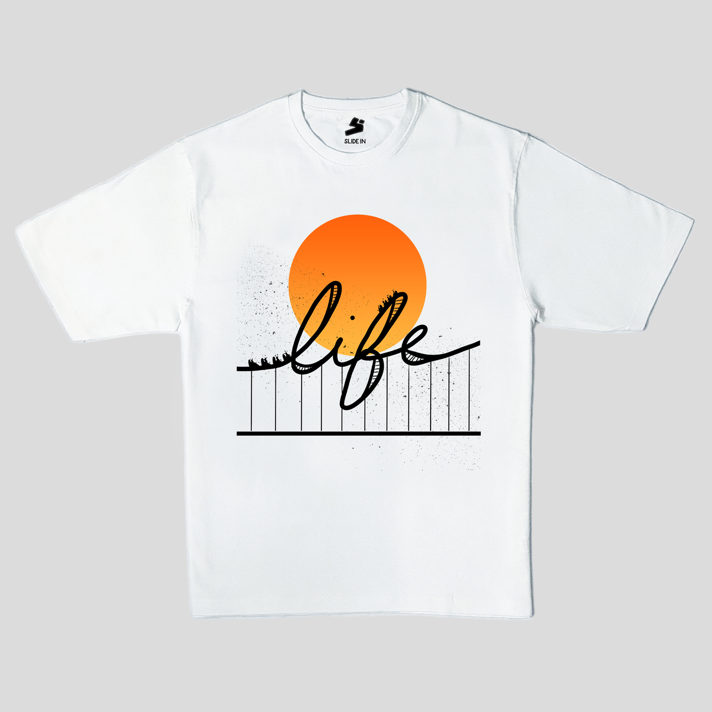 white oversized t-shirt with digital print in black and ombre- rollercoaster life