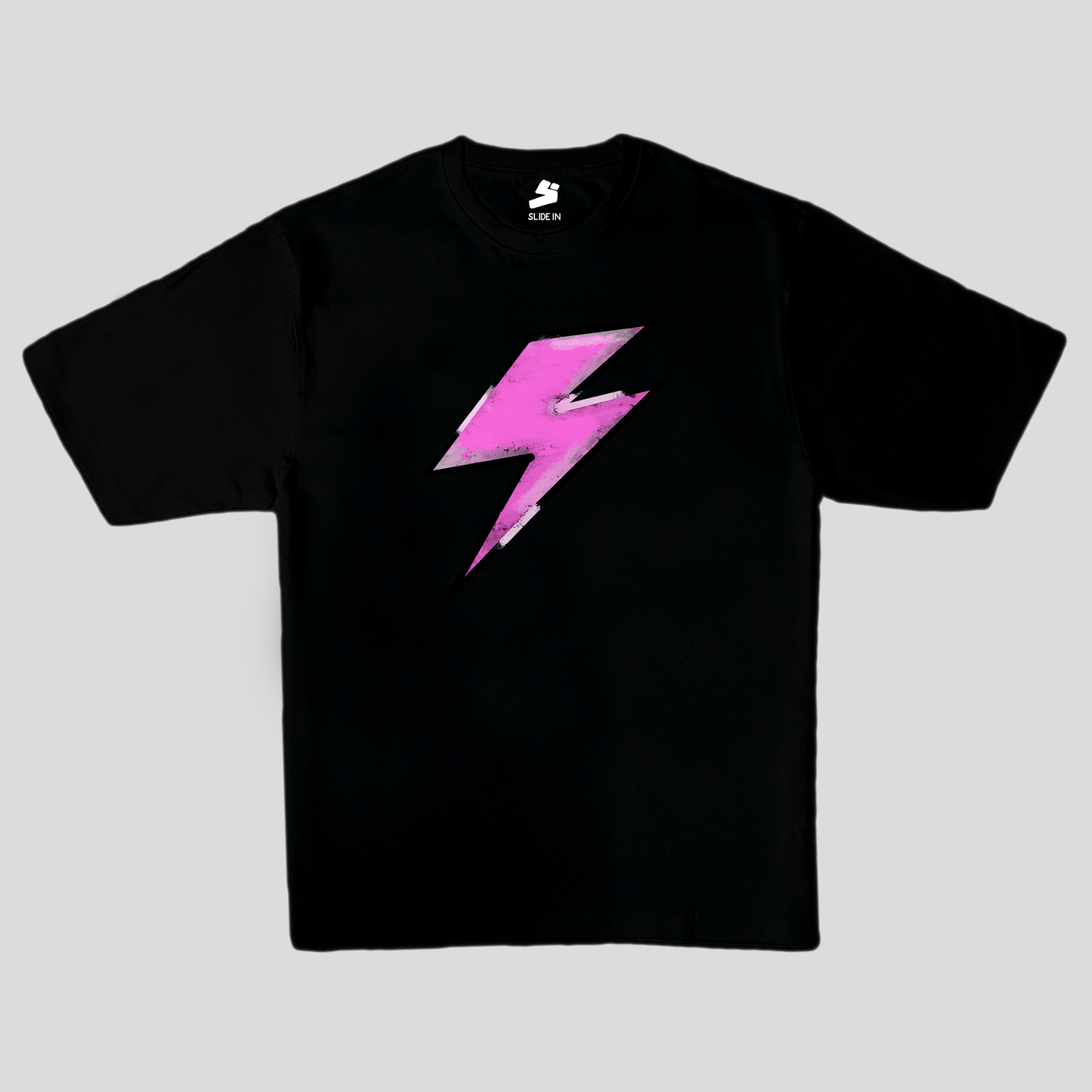 Iconic Black oversized t-shirt with lightning digital print in pink color