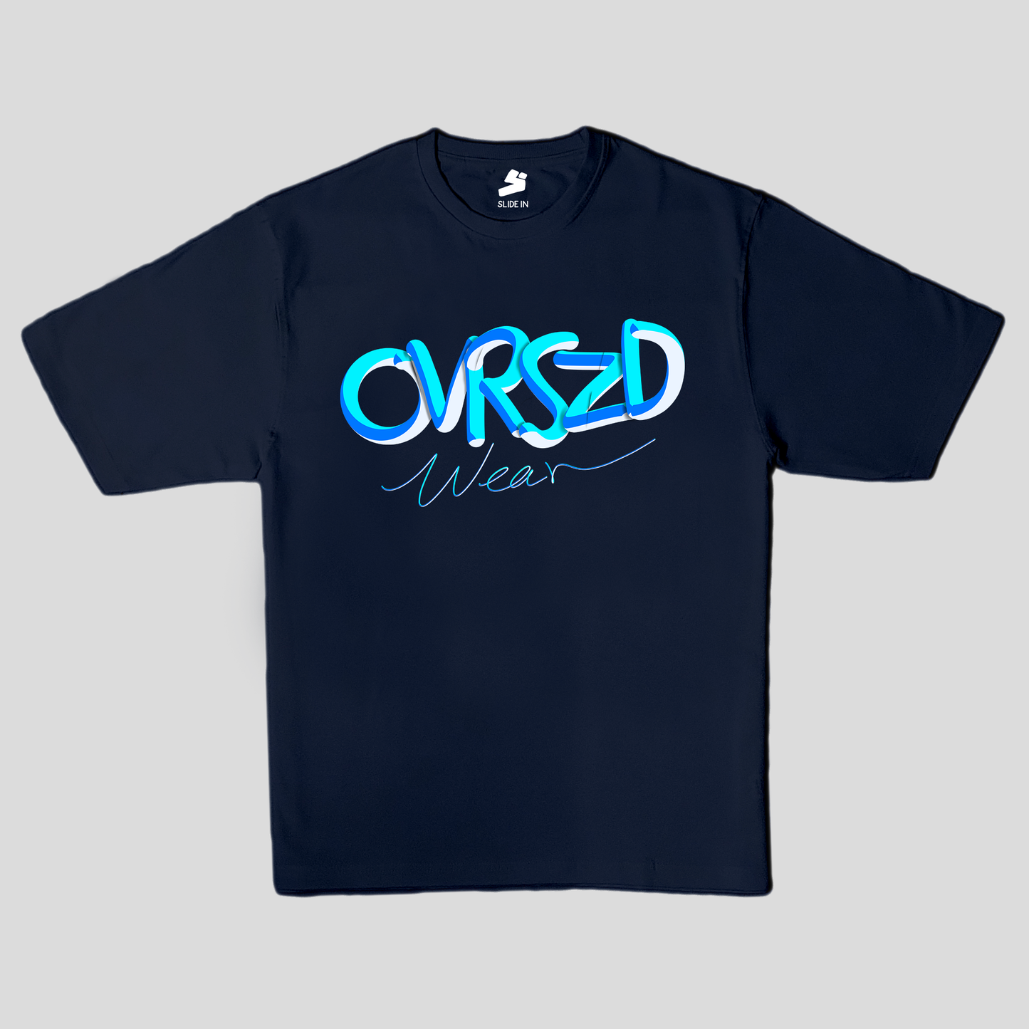 Navy blue oversized t-shirt with digital print in neon blue