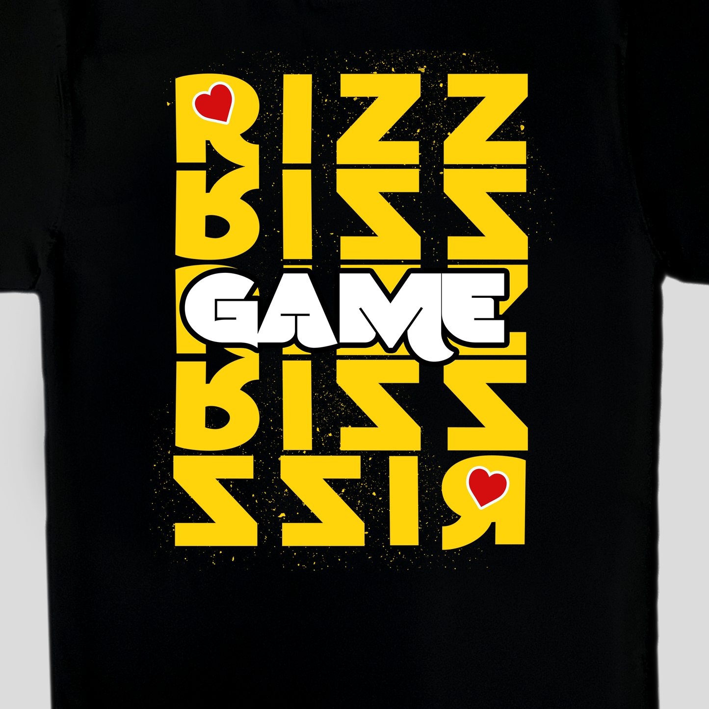 Black oversized t-shirt with graphic design rizz game in yellow and white color