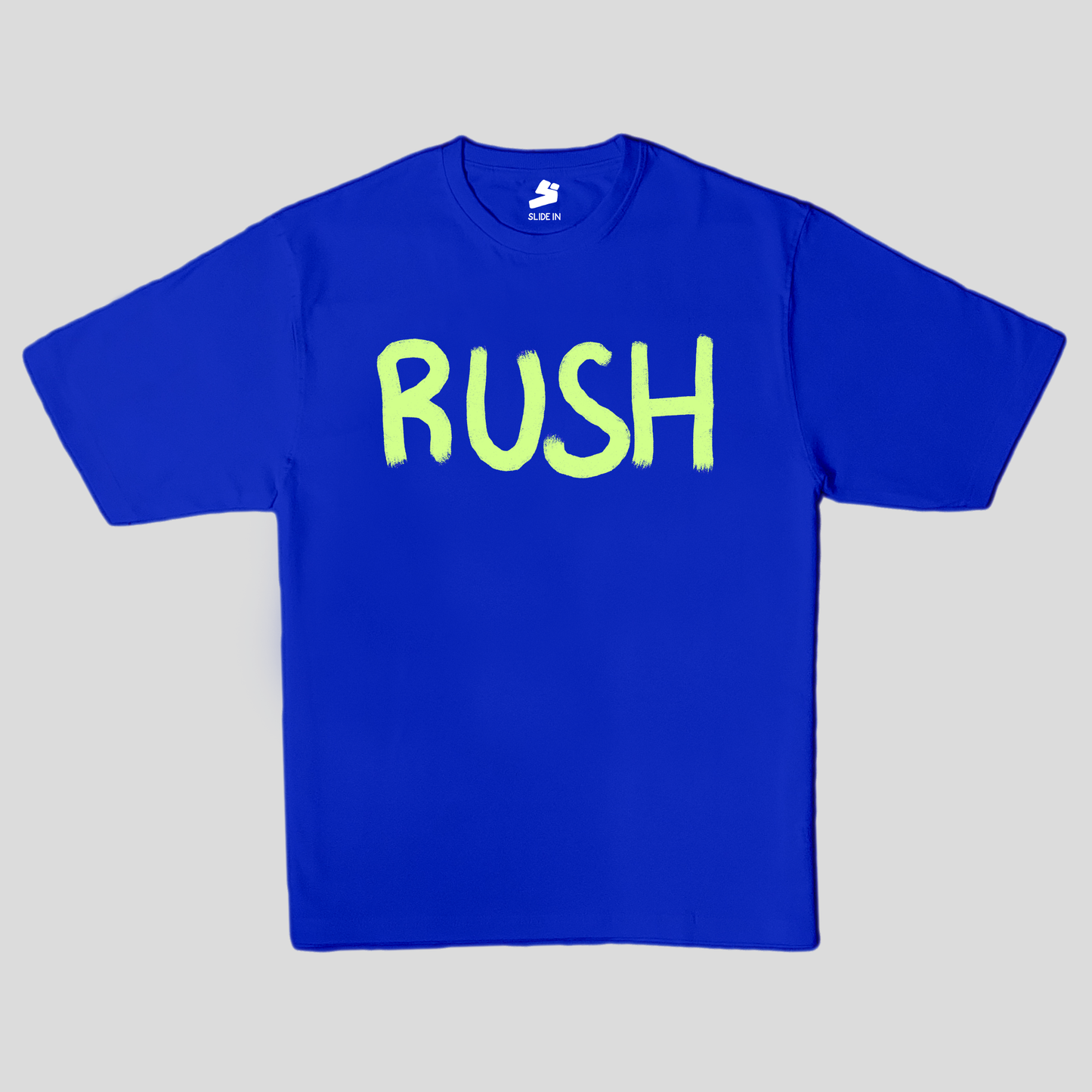 Blue oversized t-shirt with neon green digital print RUSH
