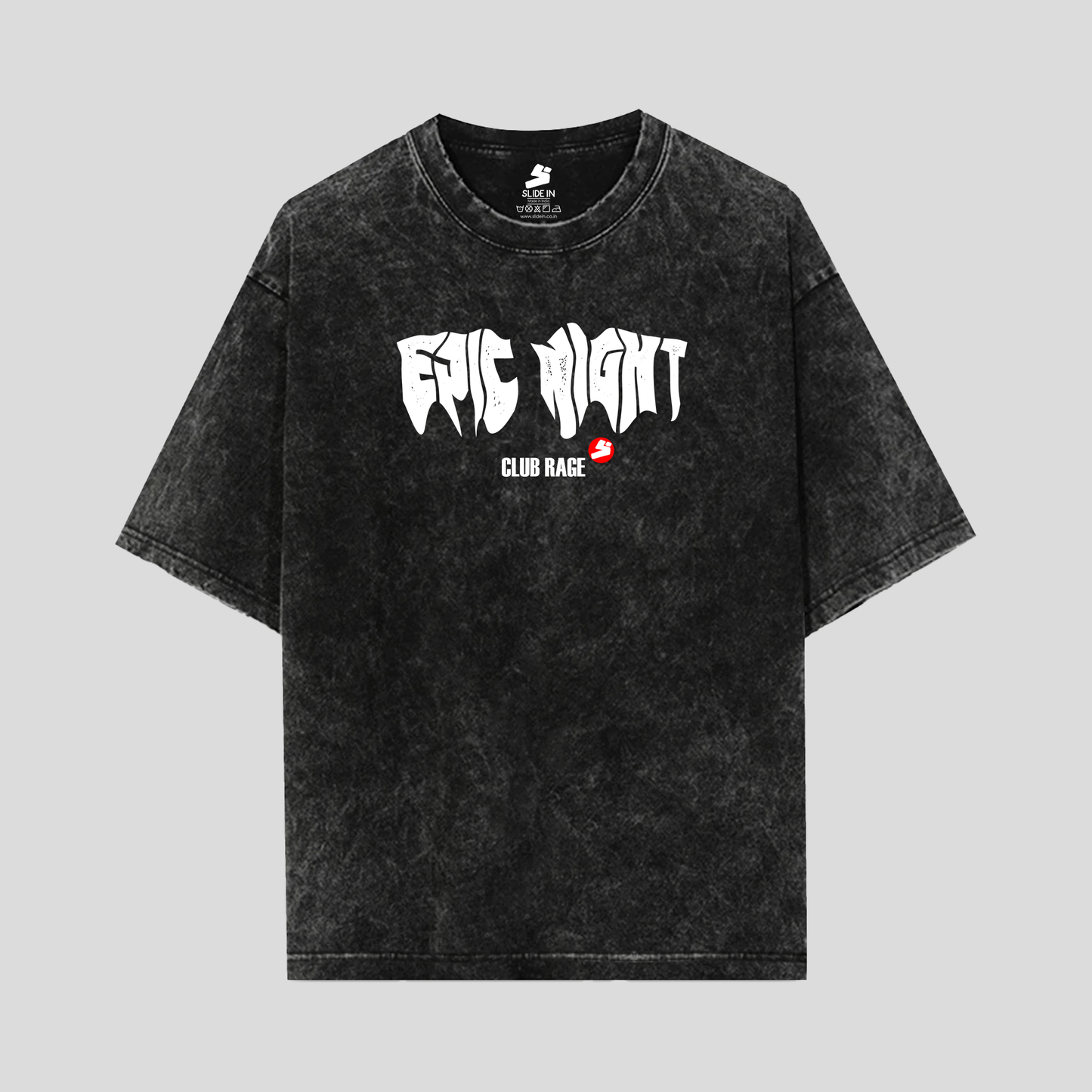 Black acid wash t-shirt with epic night print in white. Club rage edition with circular small sldiein logo in red and white.