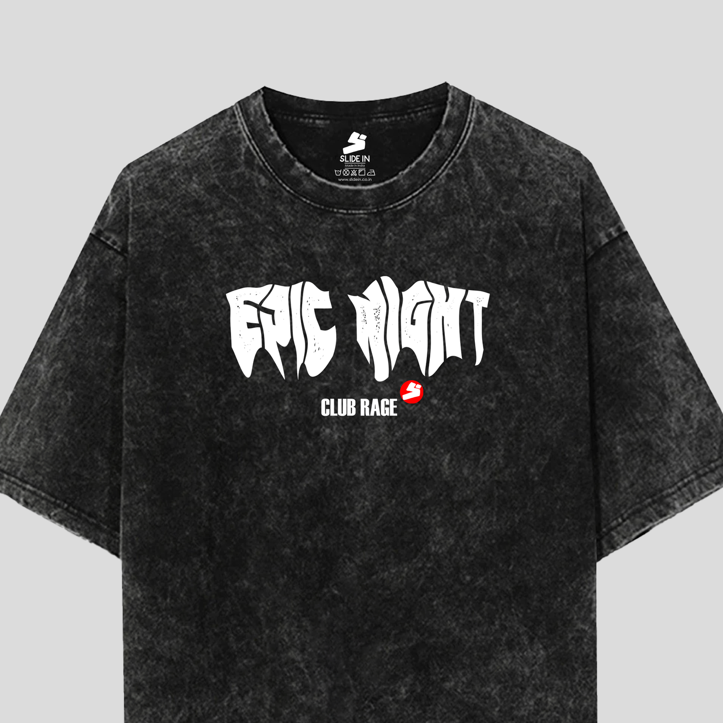 Black acid wash t-shirt with epic night print in white. Club rage edition with circular small sldiein logo in red and white.