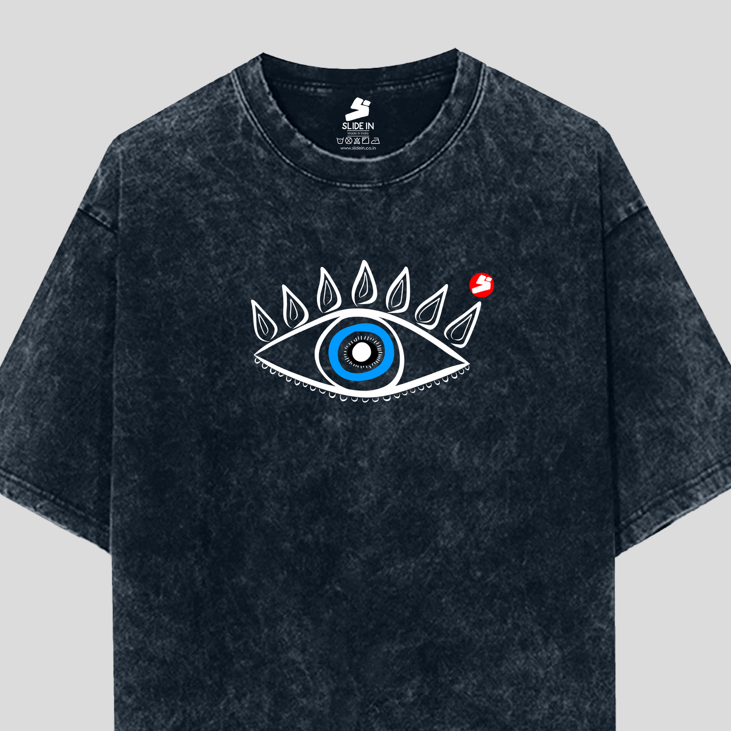 Blue acid wash oversized cotton t-shirt, 240 gsm, with evil eye design in front with circular brand logo in red and white.