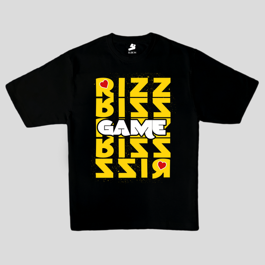 Black oversized t-shirt with graphic design rizz game in yellow and white color